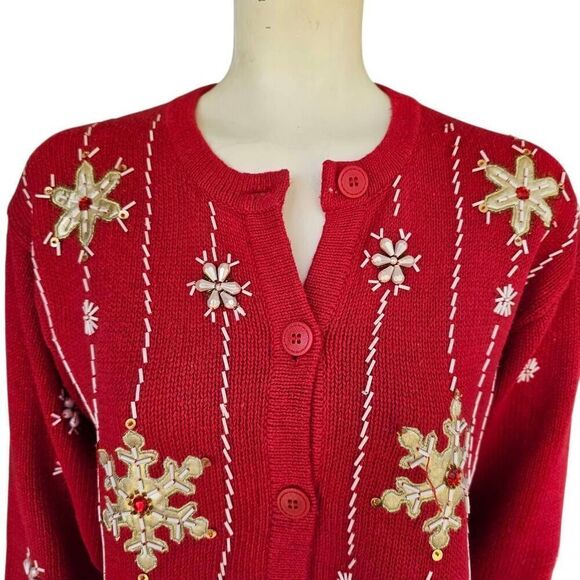 Bobbie Brooks Women’s M Christmas Sweater Cardigan Red Snowflake Beaded Holiday - Picture 4 of 12